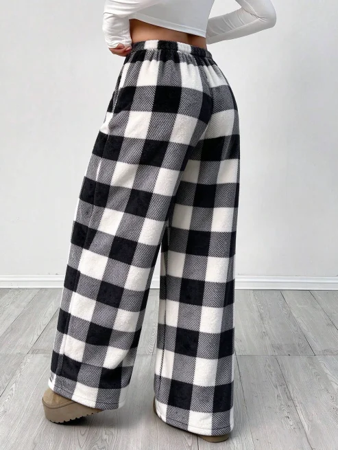 Damen, braune, karierte, flauschige Hose mit weitem Bein, Kordelzug, elastischer Bund, Buffalo-Karomuster, Flanellhose, warm, locker geschnitten, lässig, für den Hausgebrauch, Unterteil. – Detail 4
