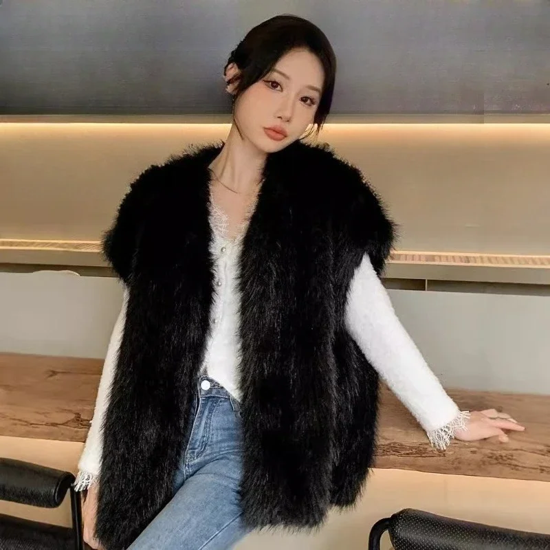 

European American New Fur Vest Medium and Long V-neck Comfortable and Beautiful Coat Women's Autumn and Winter Vest Fluffy Top