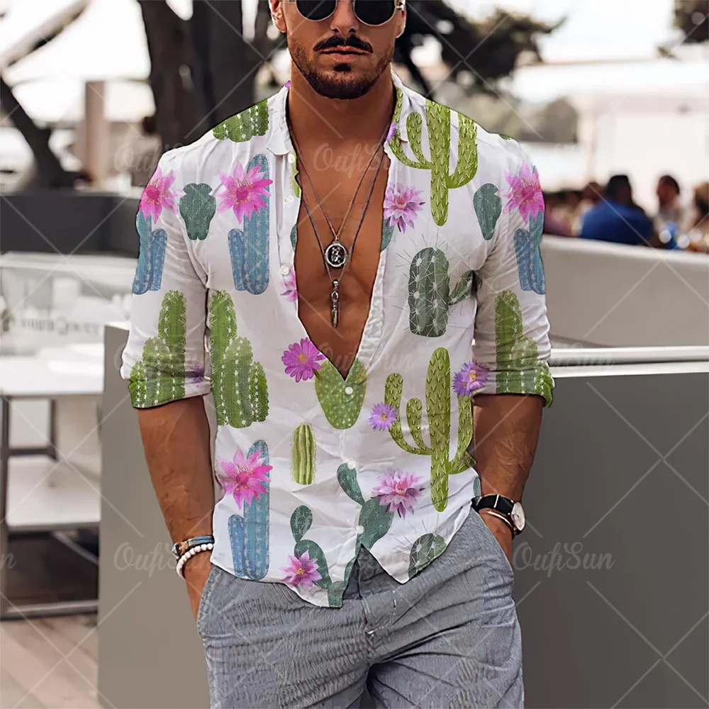 2022 3d Coconut Tree Print Hawaiian Shirts Streetwear New Male Clothes Loose Tops Shirt Men Men's Long Sleeve Shirts Lapel Shirt