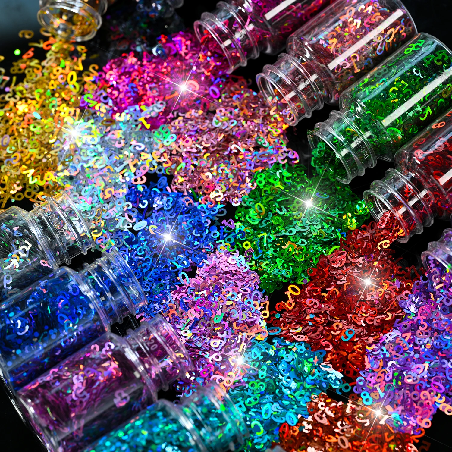 12bottle Shiny Holographic Laser Numbers Nail Sequins 3D Colorful Numbers Nail Flakes Charms Glitter Number Nail Art Decorations