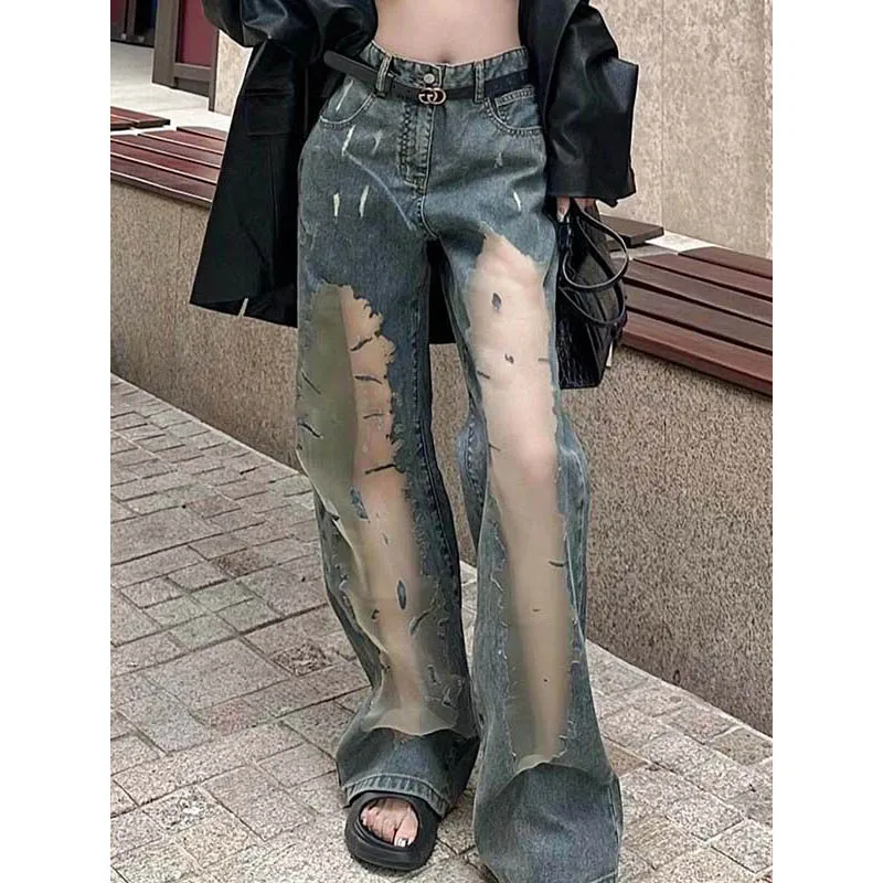 

Spring New Temperament Fashion Jeans Female Design Hollow Worn Wide-Leg Pants Unique Chic High Waist Button Comfortable Pants