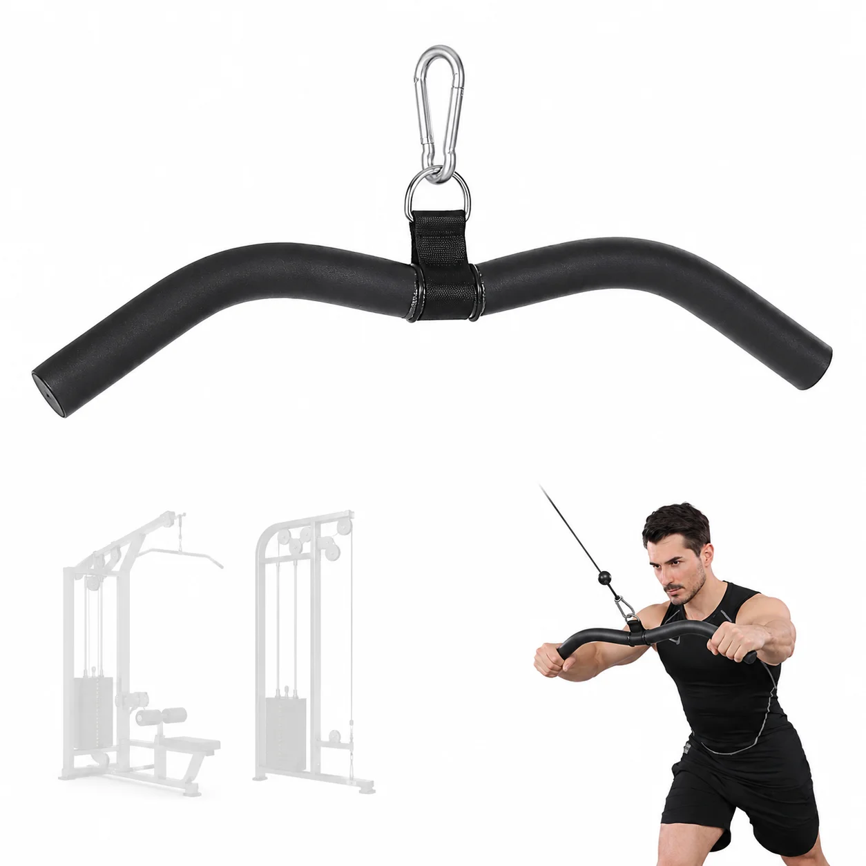 19 Inch Curved Triceps Pushdown Bar with EVA Foam Grip, 360° Swivel D-Ring Cable Attachment for Home Gym Lat Pulldown
