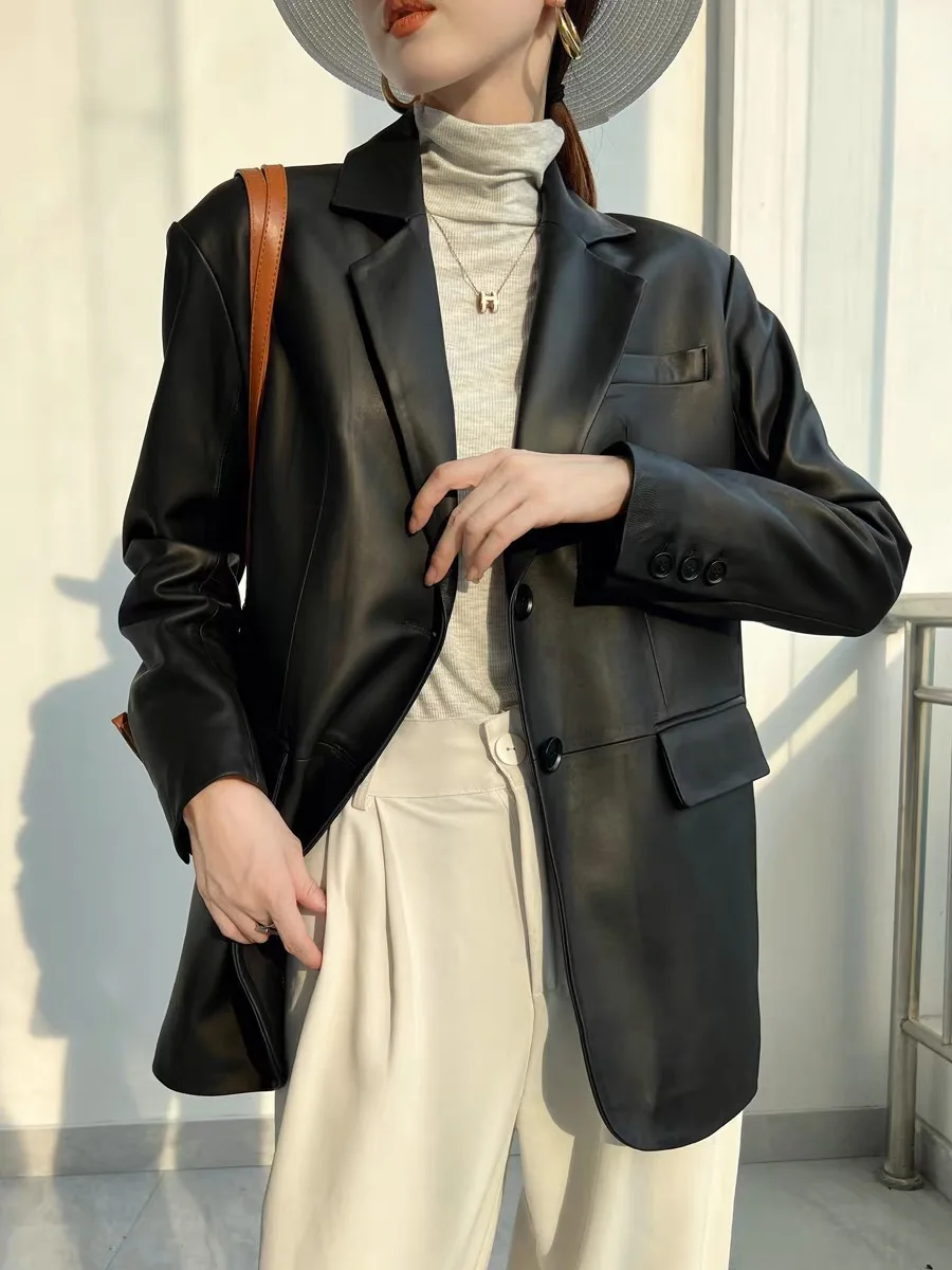 Lordly Giacca da abito in pelle di pecora di alta qualità per donna Giacca nera monopetto neutra oversize Dame Street