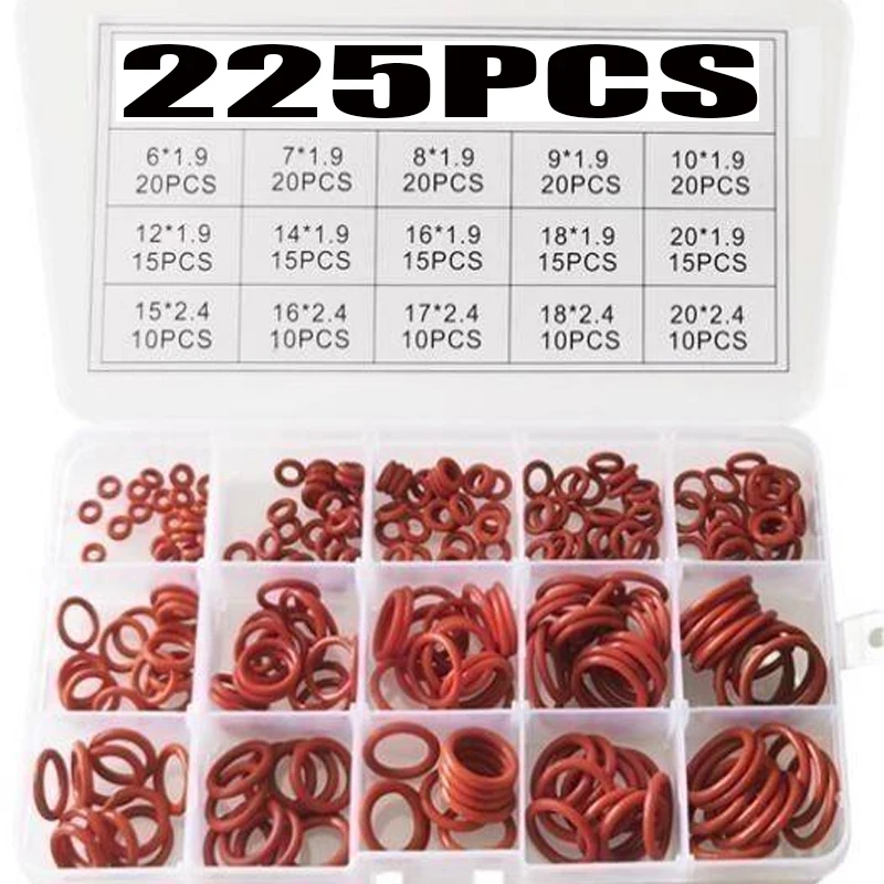 

225PCS Red Silicone Ring Thickness ORing Seal Silicon Sealing O-rings Washer oring set Assortment Kit Set Oring