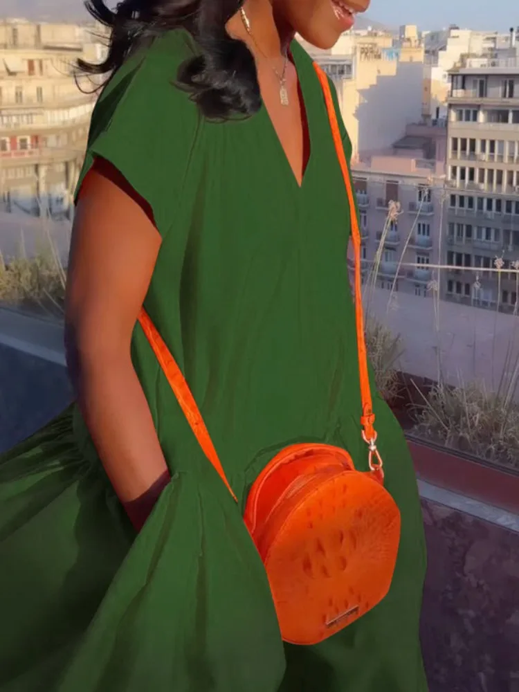 Yeezzi Damskie Letnie Pomarańczowo-Zielone Sukienki Maxi z Dekoltem w Serek, Luźne, Nowość na Lato 2025, Krótkie Rękawy, Kieszenie, Wakacyjna Sukienka Boho z Plisami