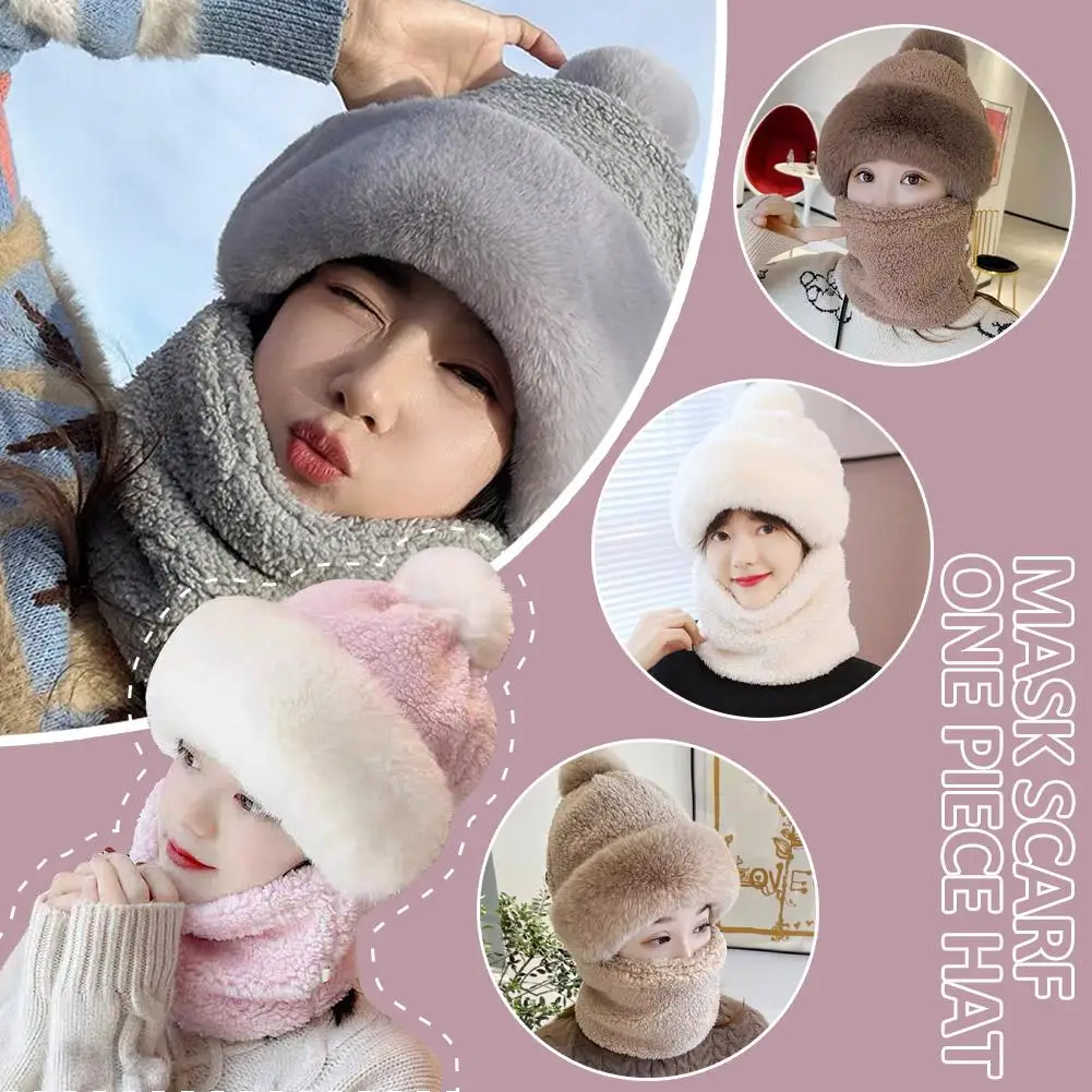 Winter Knitted Hat Scarf Mask One-Piece Plush Pompom Beanies for Women Fleece Lining Warm Bonnet Ears Neck Protection Skiin B2E3