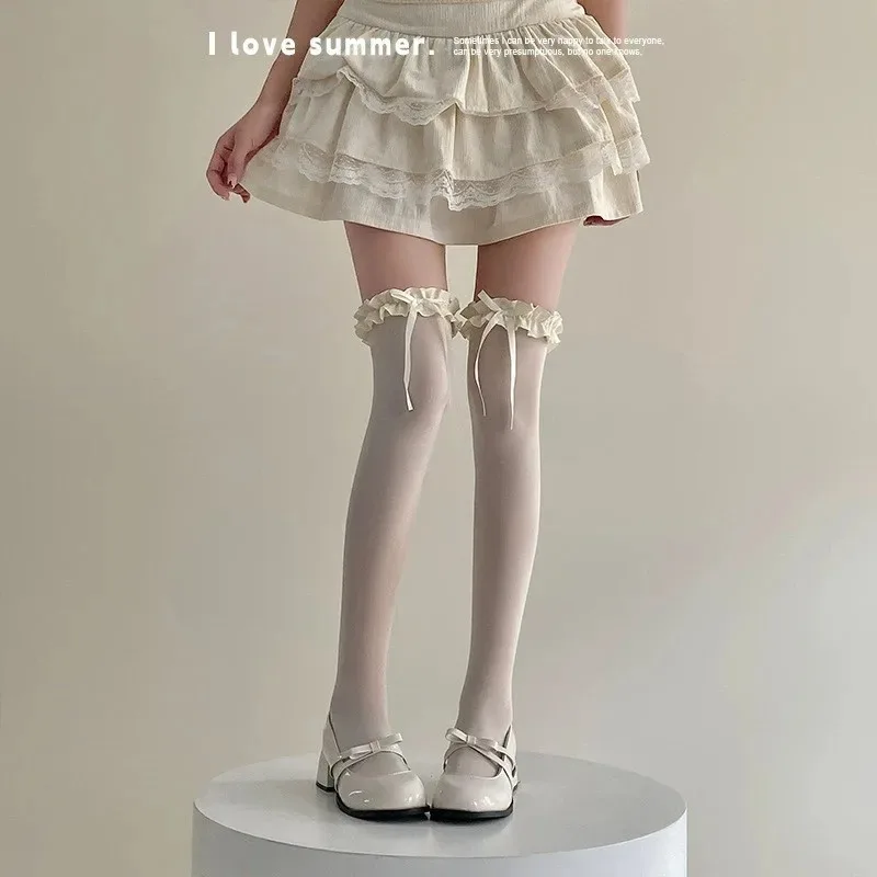 1 Para Długich Skarpetek Damskich w Stylu Baletowym Lolita Jk z Koronkową Kokardką Letnie Cienkie Oddychające Miękkie Wygodne Podkolanówki