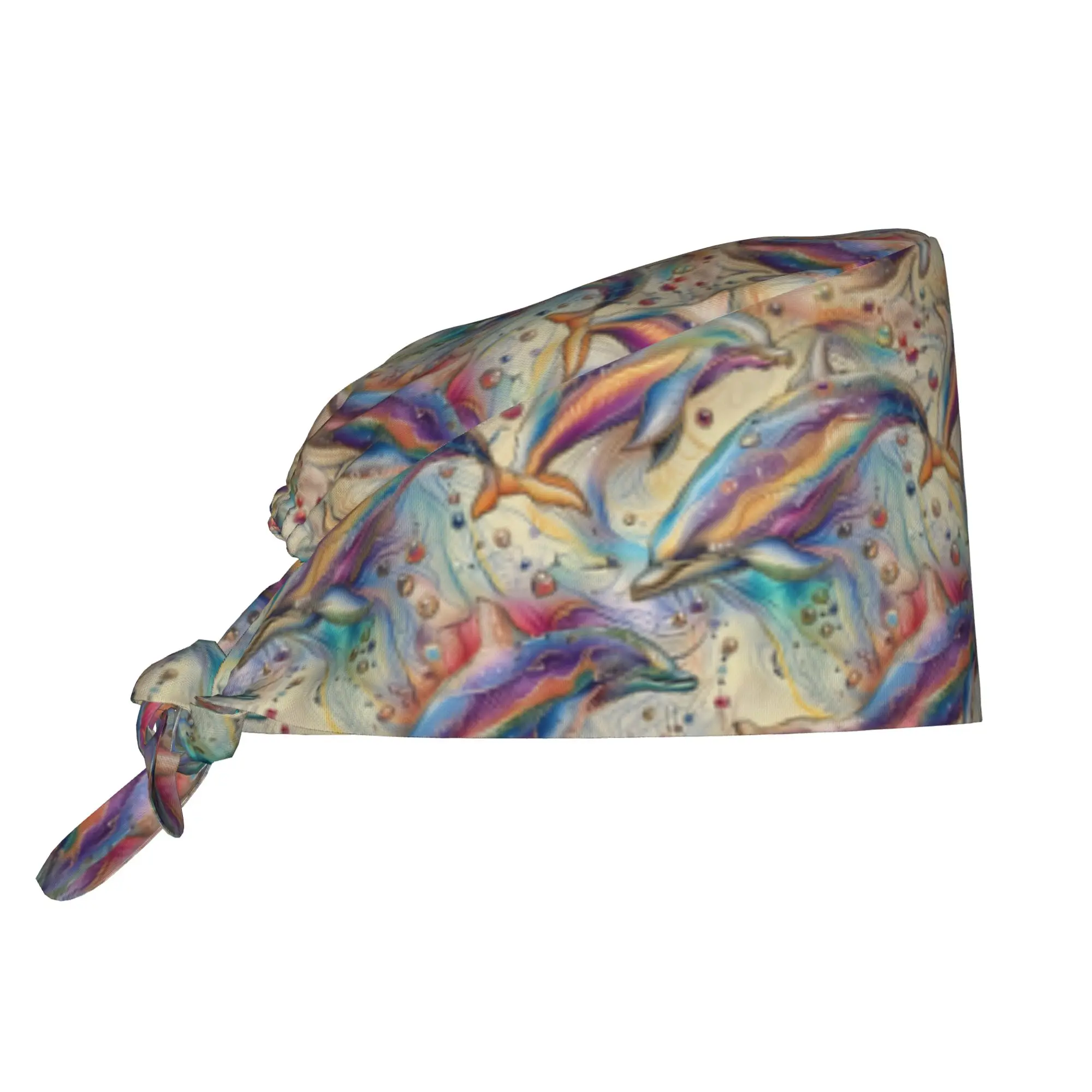 Shimmering Dolphins Scrub Hat Surgical Scrub Caps Nurse Medical Cap Colorful Bubbly Ocean Work Scrubs Hat for Hospital Pharmacy