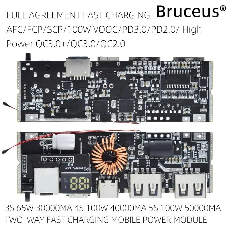 PD QC4.0/3,0 5A/100W Мобильный блок питания с двумя USB-портами для быстрой зарядки Micro-USB Type-C 18650, зарядный модуль со стандартным дисплеем