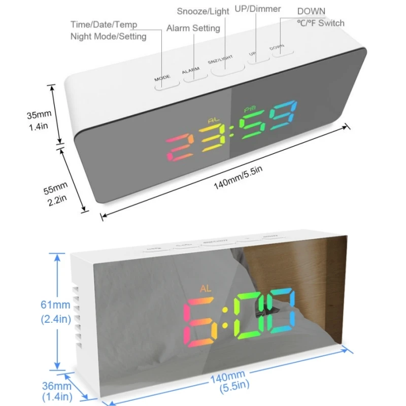 Mirror Alarm Clock Temperature Date 2 Display Mode Night Mode Snooze Table Clock 3 Level Brightness USB LED Digital  Clock