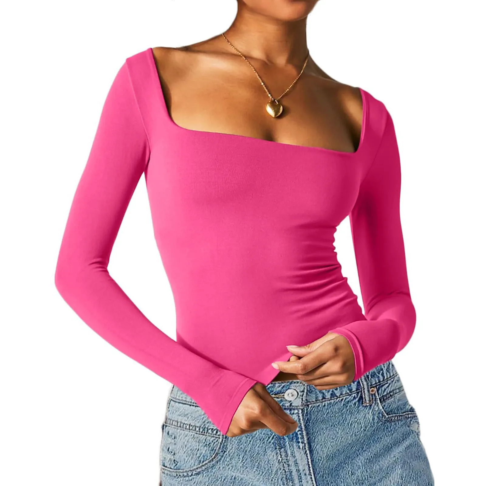 Women Underwear Fashion Tight Low Square Neck Long Sleeve T Shirt Tee Top Women\'S Thermal Bottoming Shirts Warm Winter Nightwear