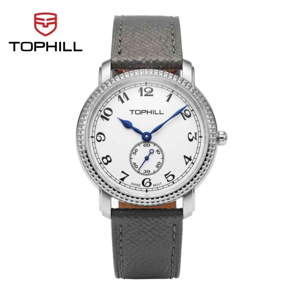 TOPHILL 40mm Ronda 6004.B Vintage Men Quartz Watch Sapphire Sandblasted Matte Dial Arabic Indices Subdial 5Bar Leather TW113G