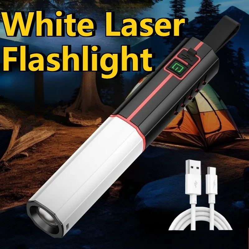 

Super Bright LED White Laser Flashlight Portable Torch Type-C Rechargeable Built-in Battery Tail Hook Zoom Outdoor Lighting
