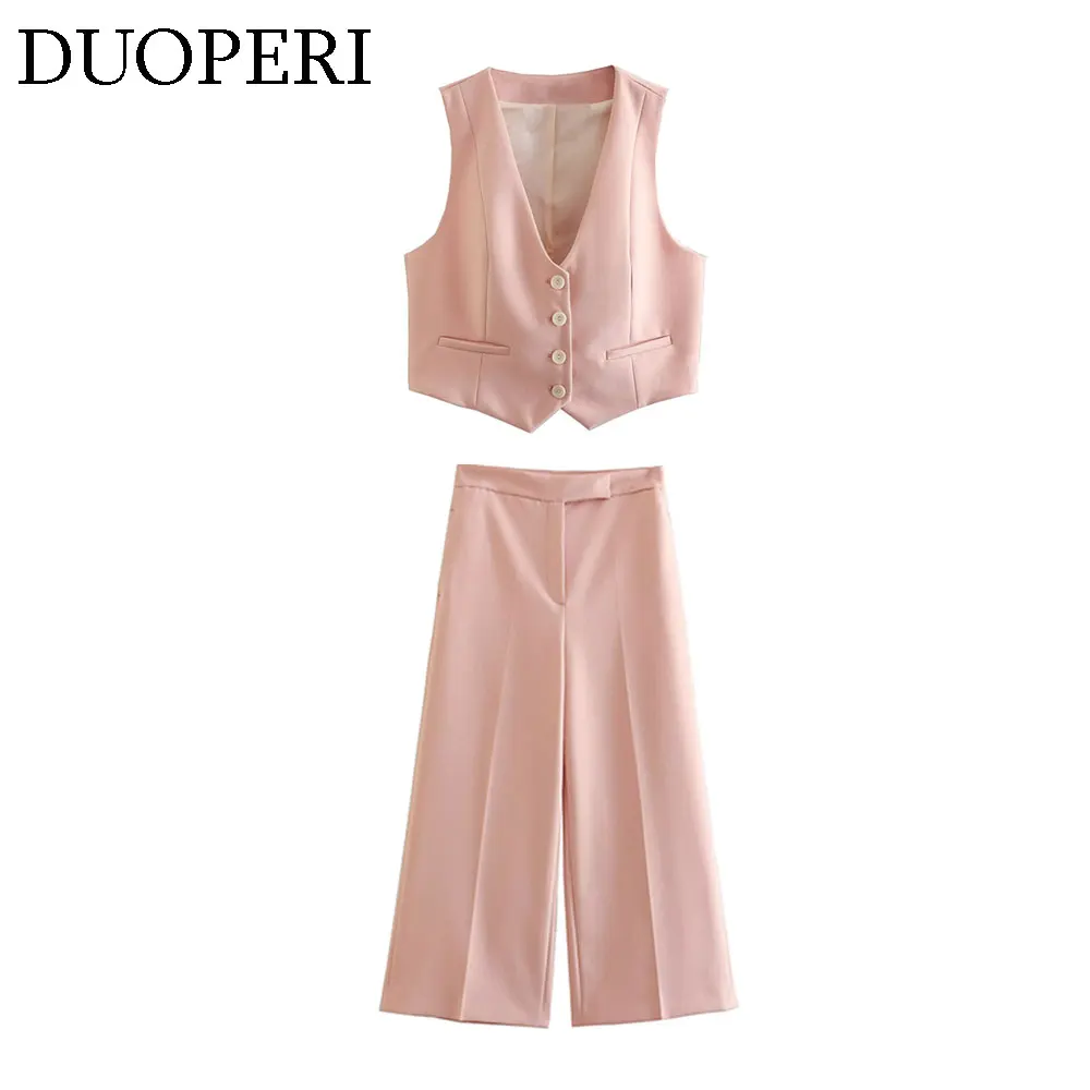 DUOPERI Women Fashion Two Pieces Sets Pink Tank Vest and Straight Trousers Female Chic Office Lady Basic Waistcoat and Pant Coor