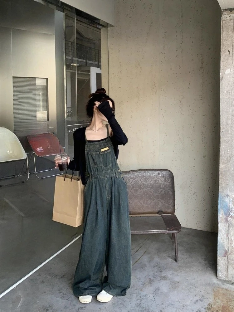 

Женский винтажный джинсовый комбинезон с высокой талией, свободный, удлиненный, тонкий, прямой крой, широкие штанины