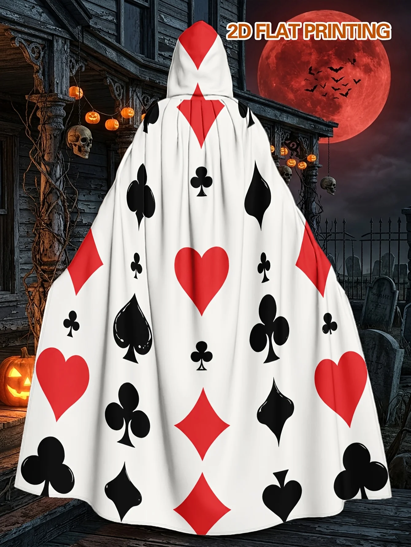Customization 1pc Polyester Hooded Cape With Red Black Playing Card Suits Pattern, Designed For Halloween Roleplay And Christmas