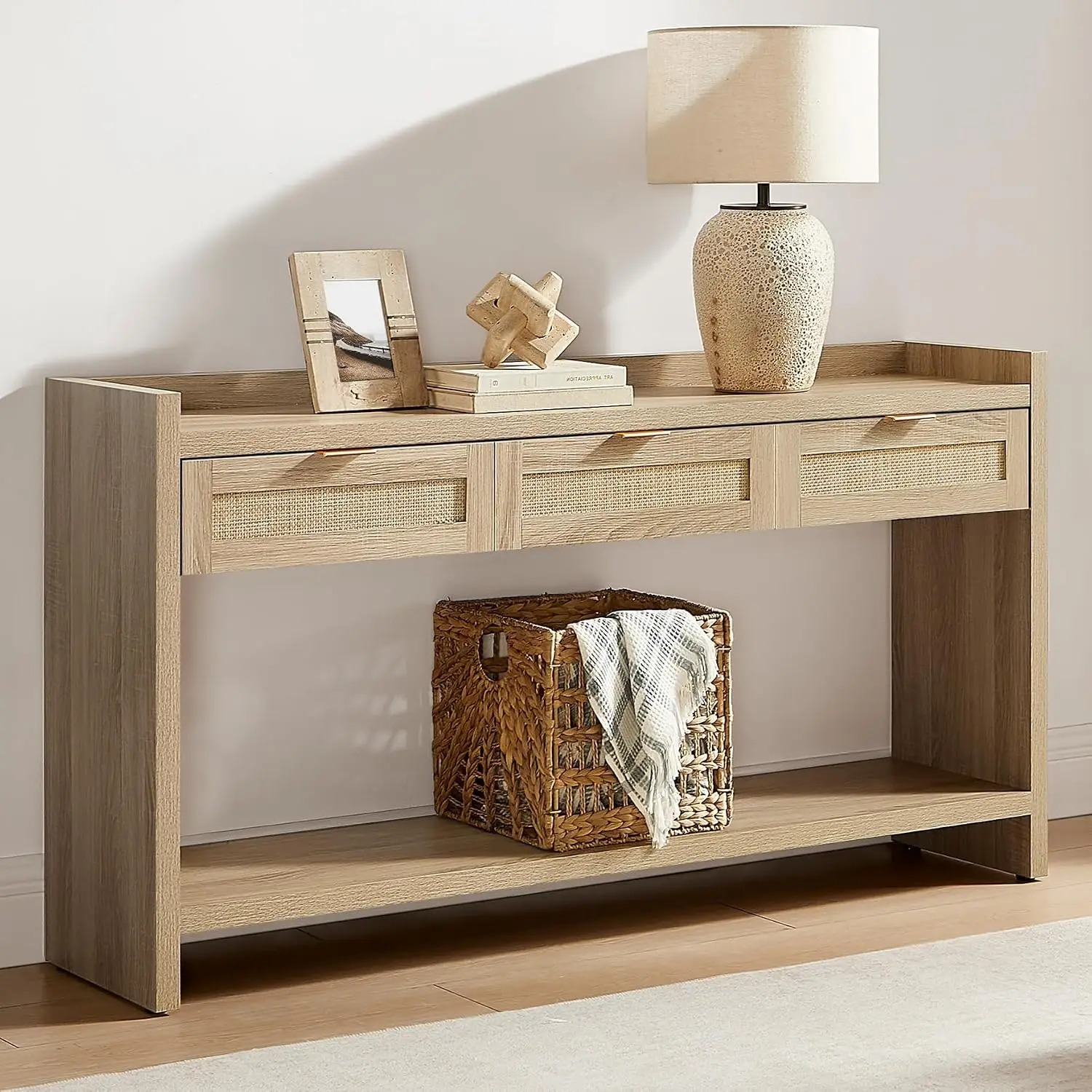 60‑Inch Rattan Farmhouse Console Sofa Table with Storage Drawers, Long Narrow Behind‑Couch Accent Table for Entryway, Hallway, Foyer and Living‑Room view 6