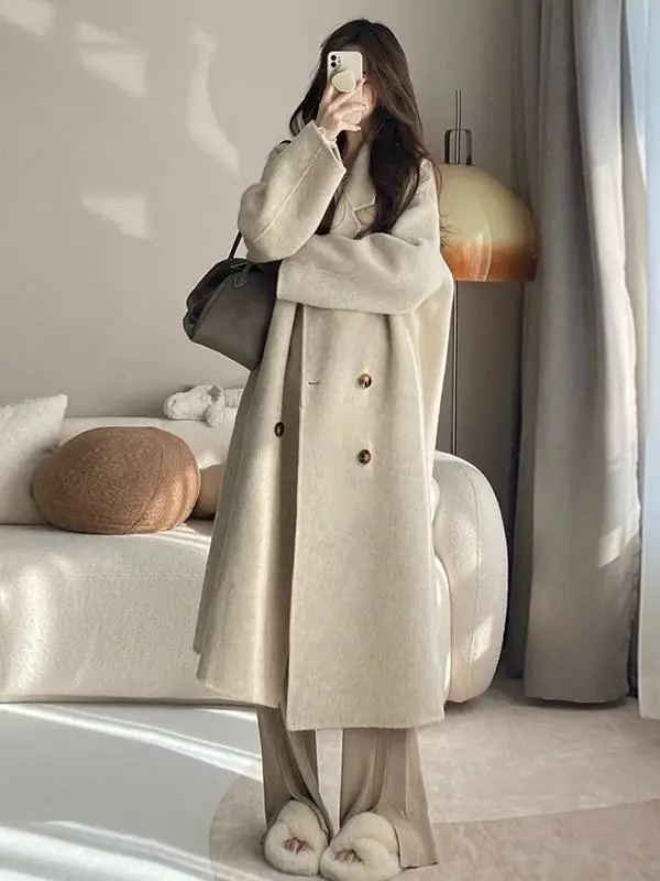 

Ele Oaeal Double-Faced Camere Coat Women's Mid-Length Winter New Sle Woolen Outerwear Button Detail Thiened Long ...