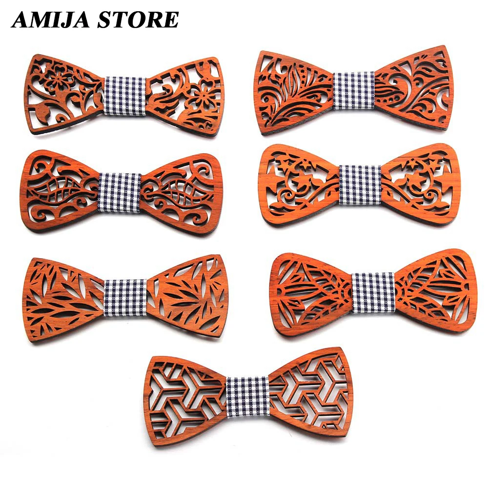 Retro Wooden Bow Tie For Men Unisex Hollow Out Leaves Star Bowtie Carved Wooden Neck Ties Adjustable Butterflies Strap Bowknots