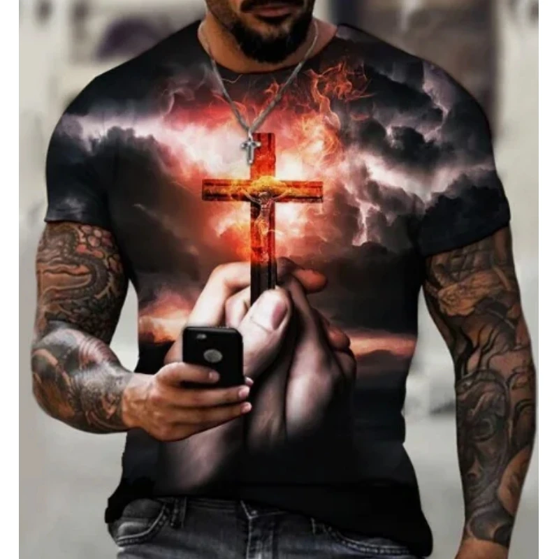 Summer Men's T-Shirt God Religion Christ Jesus Cross 3D Print Hip Hop Loose Short Sleeve Streetwear Oversized Vintage T Shirts