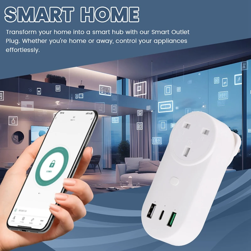 Умная розетка Wi-Fi, 16 А, 2 отверстия, розетки USB + Type-C, 65 Вт, пульт дистанционного управления, совместимая с Alexa, британская вилка