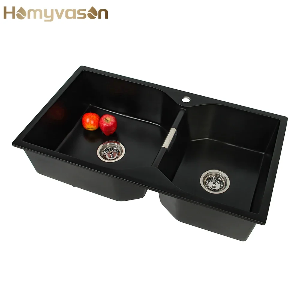 

Undermount Black Double Bowl Quartz Stone Kitchen Sink Kitchen Quartz Stone Sink for Corner Cabinet