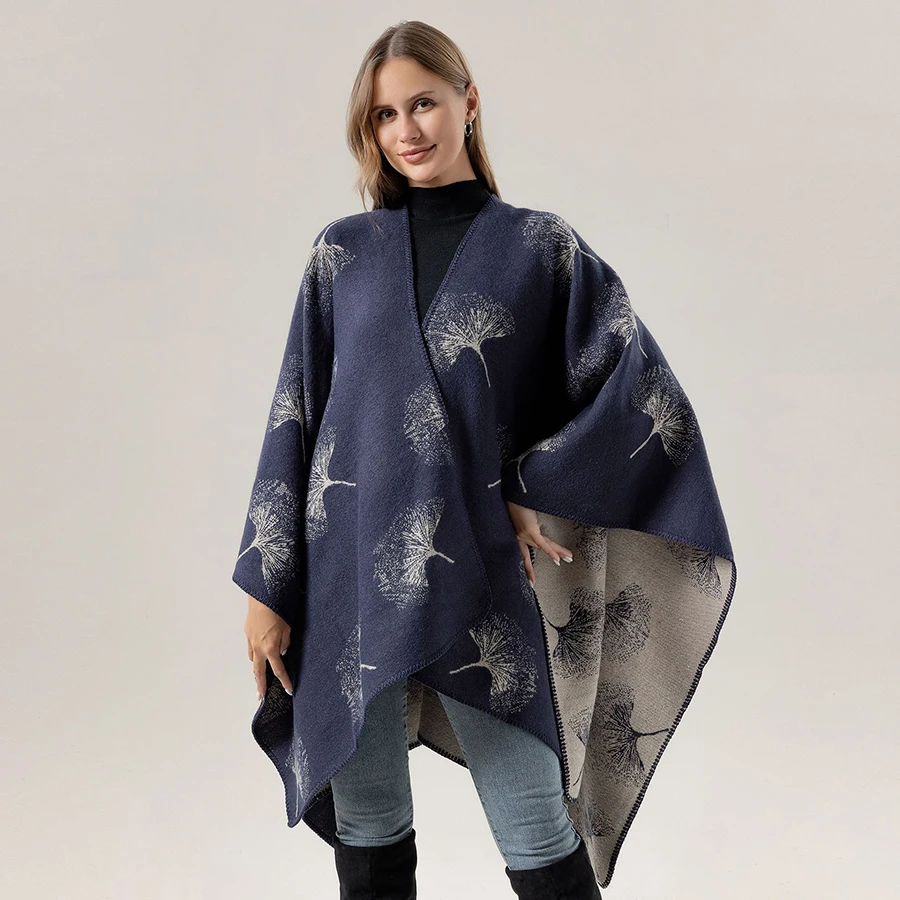 

Fashion Love Ginkgo Leaf Jacquard Acrylic Cashmere Poncho Split Cape Long Loose Women Casual Travel Wraps Cloak Outerwear Spring