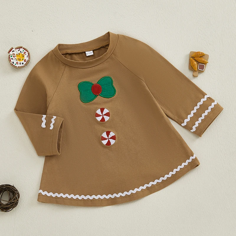 

Christmas Toddler Girl Dress Festive Gingerbread Man Print Long Sleeve Crew Neck A-Line T-Shirt Dress for the Holidays