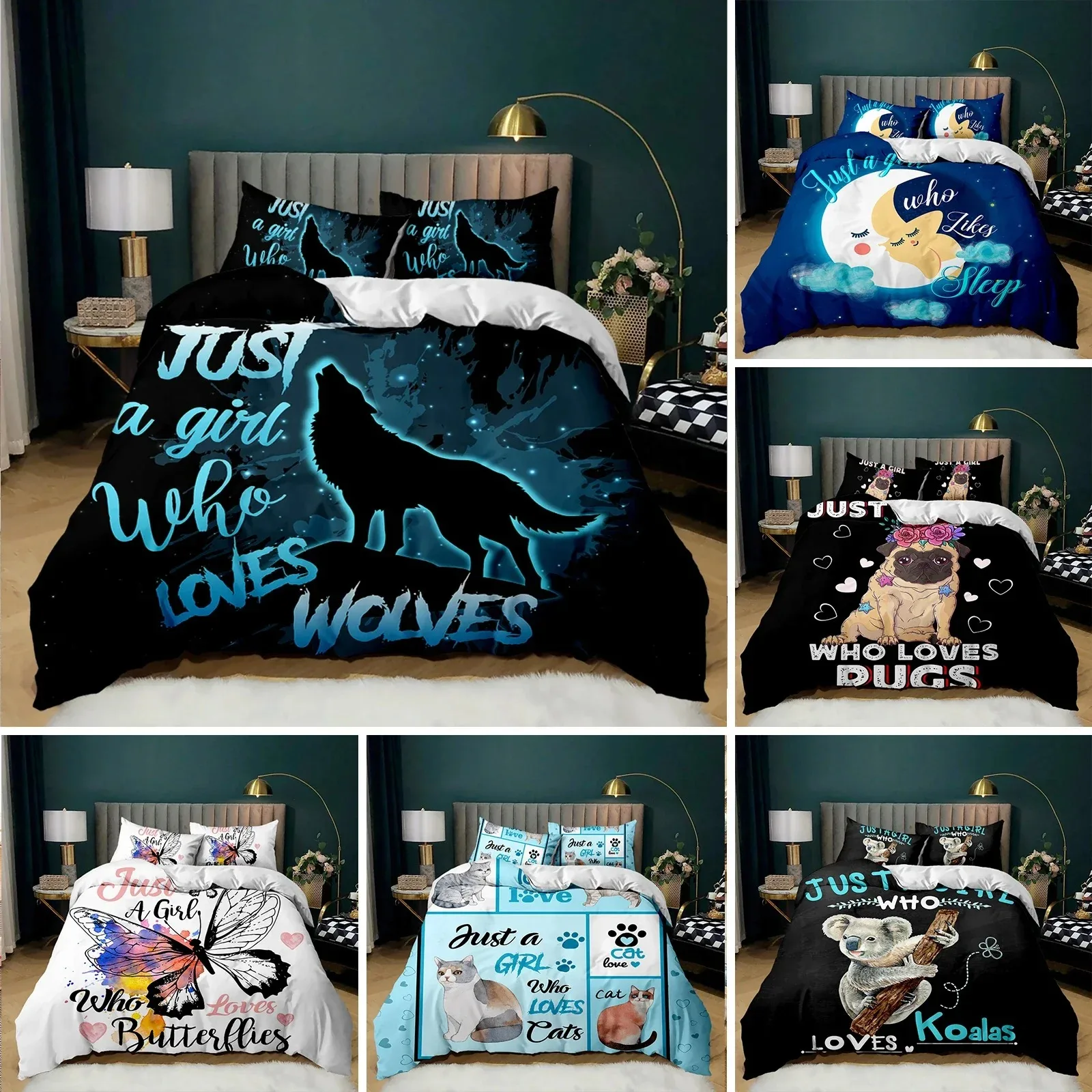 

Cartoon Duvet Cover Set Howling Wolf In The Moonlit Night Bedding Set Polyester Just A Girl Who Loves Wolves Pattern Quilt Cover