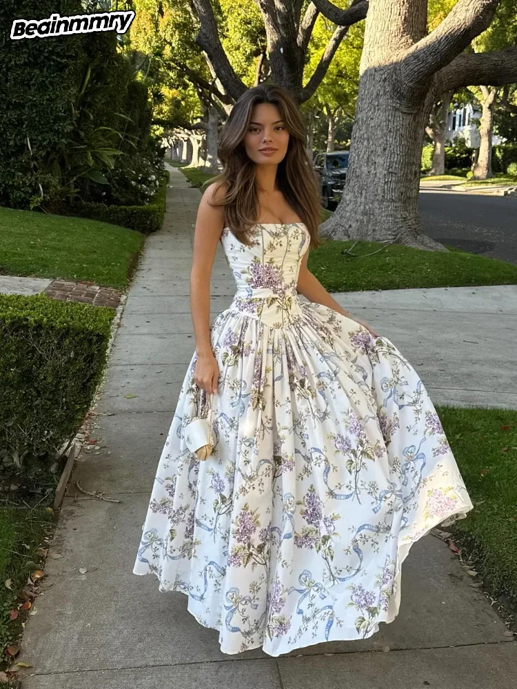 

Women Elegant Printed Pleated Maxi Dress Fashion Off Shoulder High Waist Sling Long Dresses 2025 Female Evening Party Vestidos