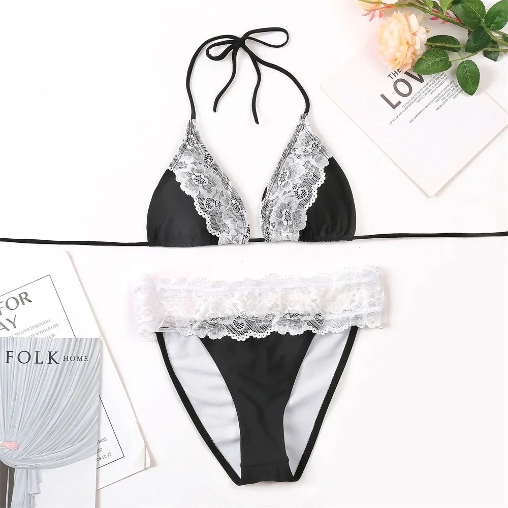 Black Lace Bikini Y2K Goth Swimsuit Backless Bandage Vacation Swimwear Women Sexy Beach Outfit Bathing Suit Trajes De Bano Mujer