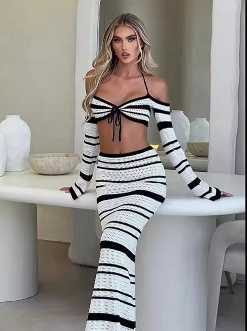 Sexy Collision Striped Knitted 2piece Set Women Summer Beach Clothing Off Shoulder Halter Lace Up Top+Elastic Straight Skirt