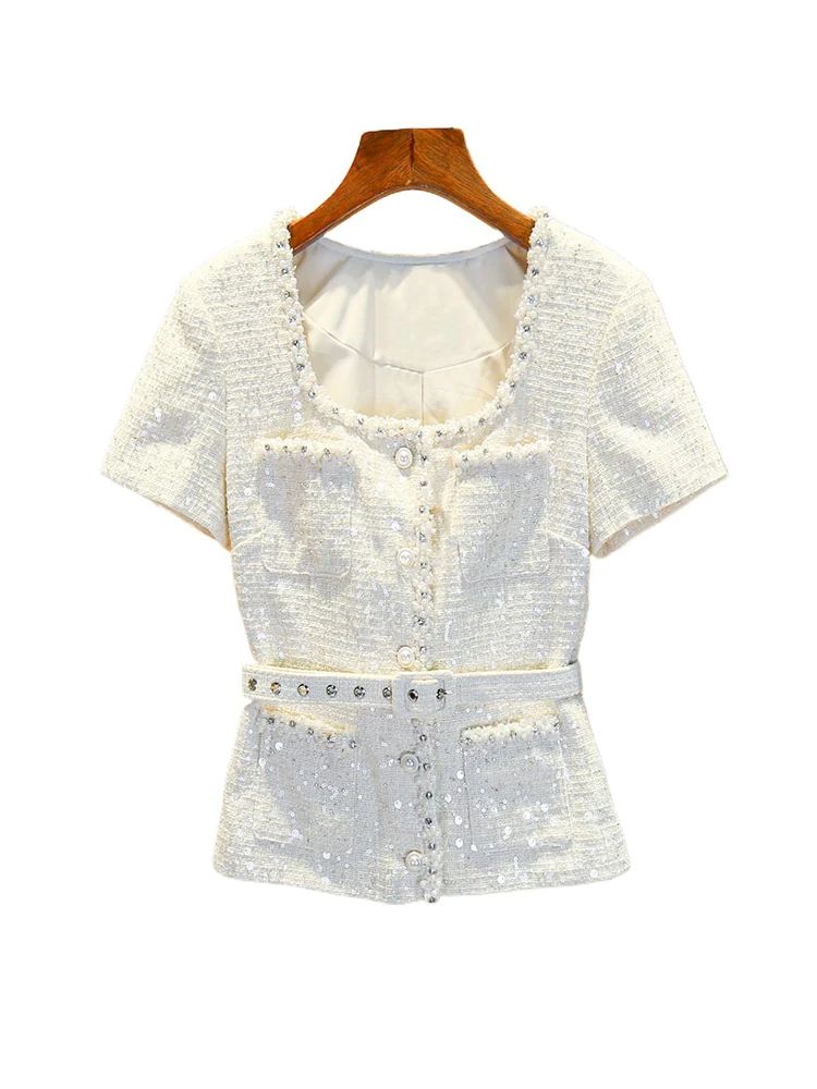 Angxia الثقيلة Embellied الترتر ساحة طوق مفتوح سترة ملابس خارجية Ele Sle فضفاضة تناسب ort Sve زر إغلاق