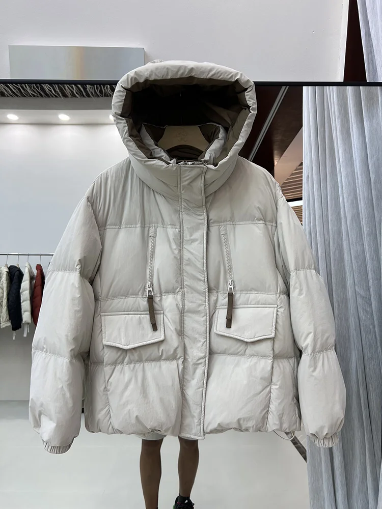 2025年冬新作 ダウンジャケット レディース ショート丈 フード付き ゆったり 暖かい ポケット付き ジッパー 90%ホワイトダックダウン ブレッドジャケット トレンド
