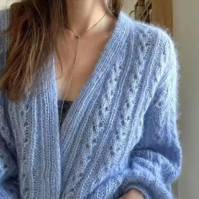 Solid color hollowed out Fried Dough Twists cardigan hand woven vest comfortable soft mohair  for women in spring autumn