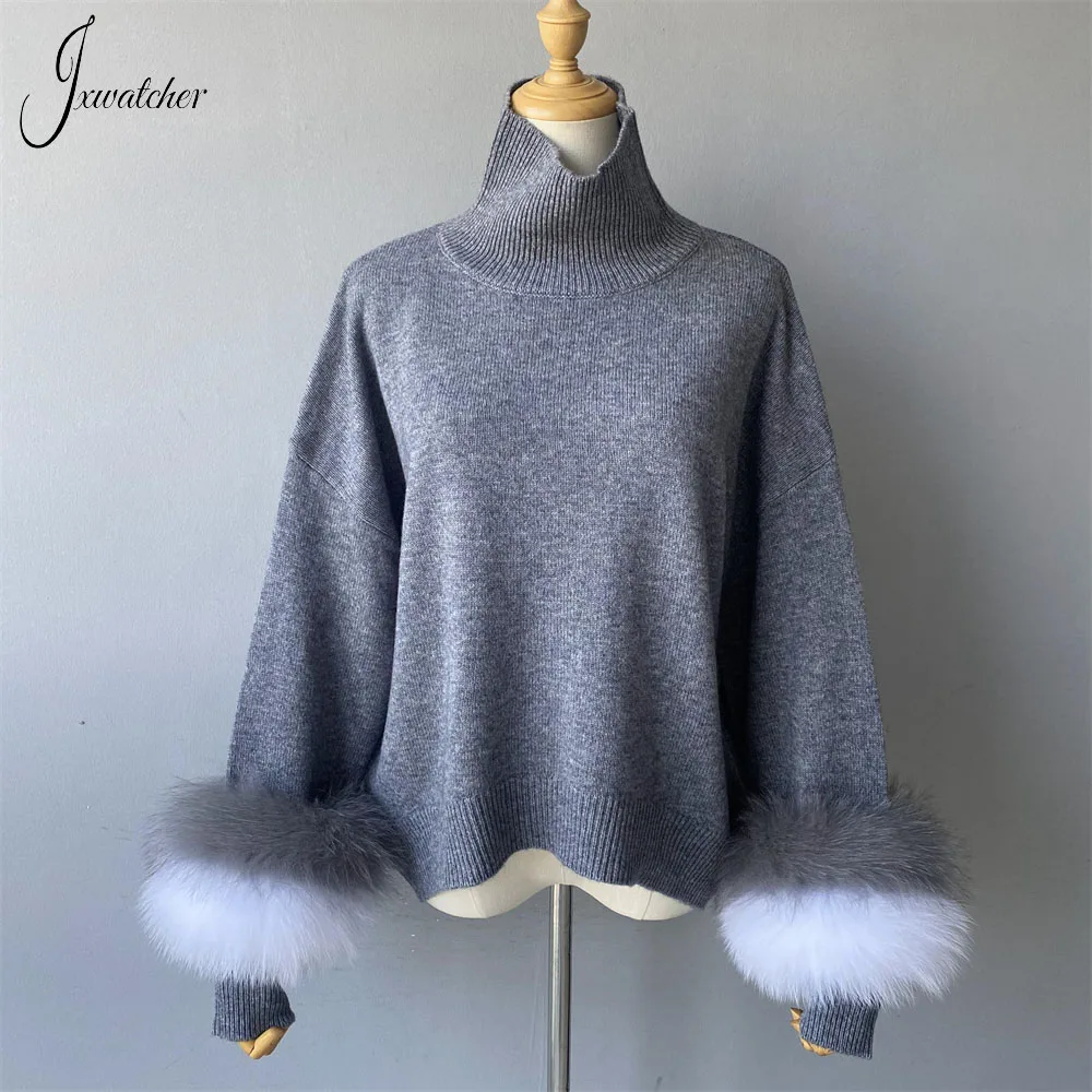 Jxwatcher Fashion Women Sweaters 2023 New Style Wool Knitted Pullover Real Fox Fur Cuffs Ladies Autumn Winter Warm Blouse Female