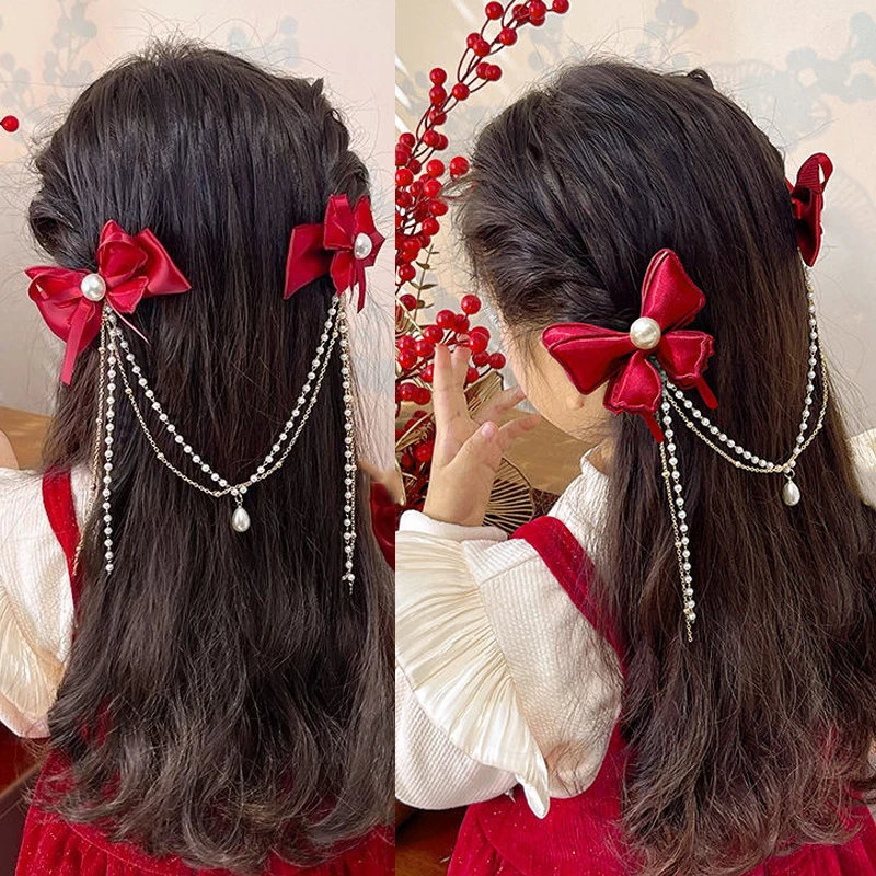 Neue Jahr Rote Schleife Perle Quaste Kette Haarnadel Süße Haar Clip Prinzessin Haar Clips Für Mädchen Neue Jahr Haar Kopfbedeckungen Zubehör