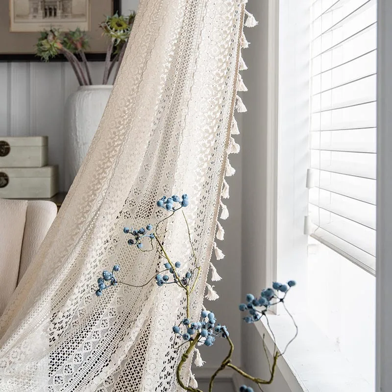 Boho Chic Crochet Geometry Knitted Window Curtains Farmhouse Retro Beige Drape Simi Sheer Curtain for Bedroom Living Room TJ7036