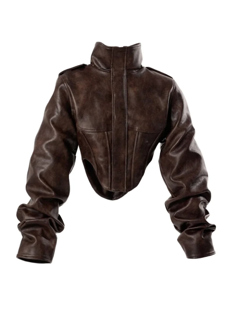 سترة نسائية كلاسيكية من الجلد الصناعي ذات ياقة ثابتة وأكمام بالونية على طراز السائق معطف من جلد البولي يوريثان ملابس خروج عصرية