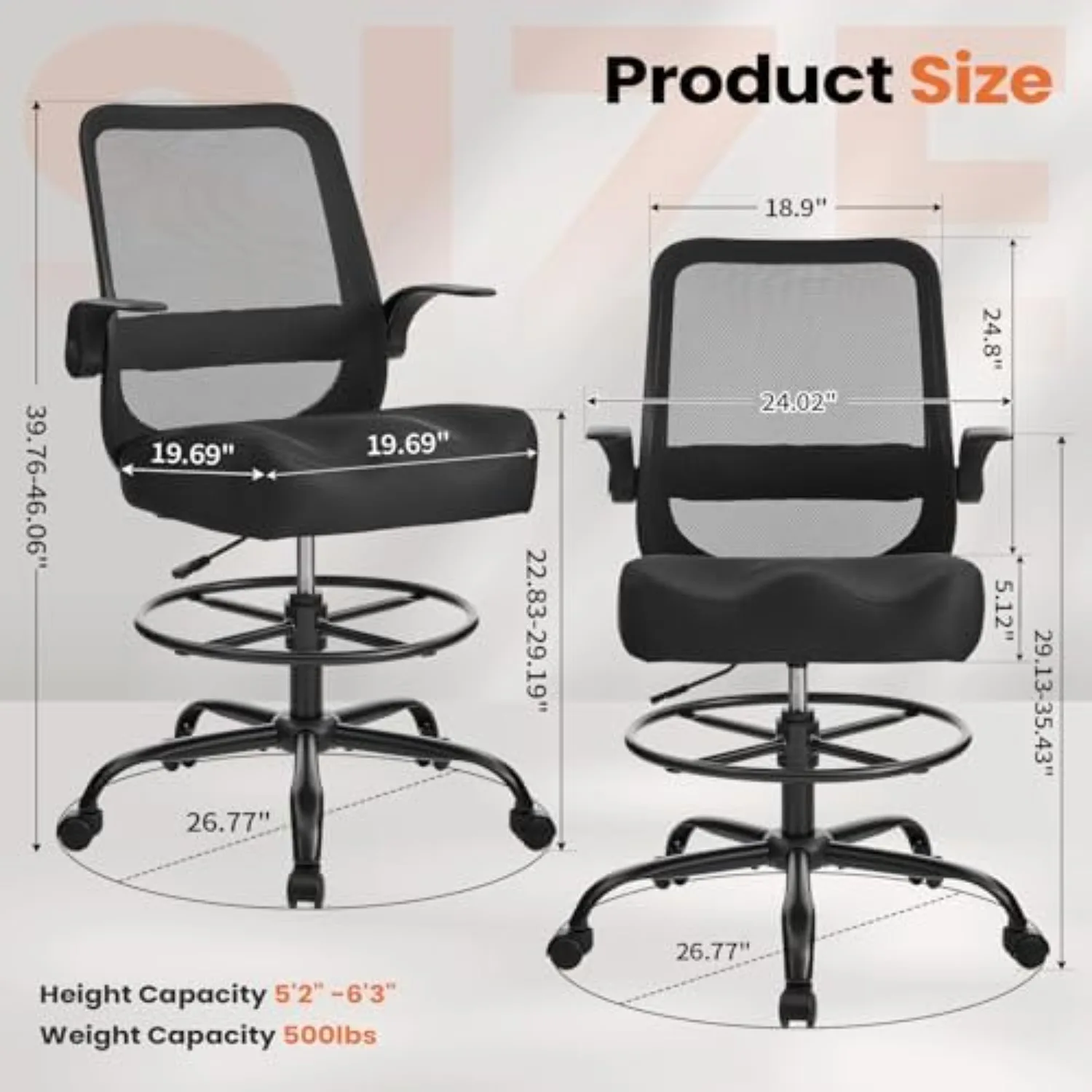 Drafting Chair 500LBS – Tall Office Chair with Adjustable Height & Foot Ring for Standing Desk, Ergonomic Mesh Chair