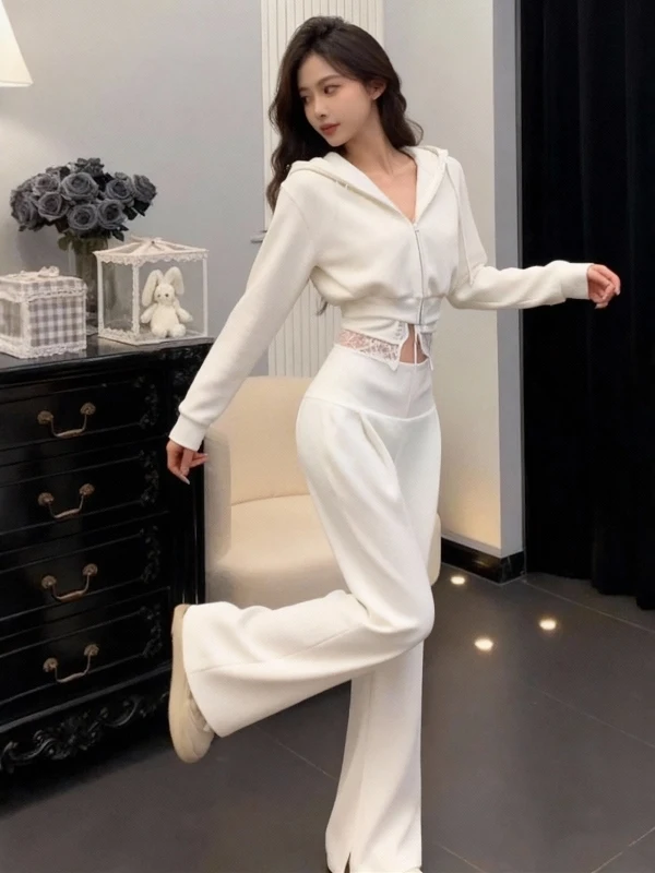

Korean Style Lace Splice Hoodie Cardigan High Waist Slimming Sweatpants Women's Spring Casual Sports Two-Piece Set