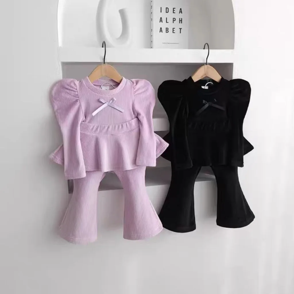 

2026 Spring New Baby Girl Casual Clothes Set Girls Puff Sleeve Tops + Flared Pants 2pcs Suit Toddler Outfits Children Clothing