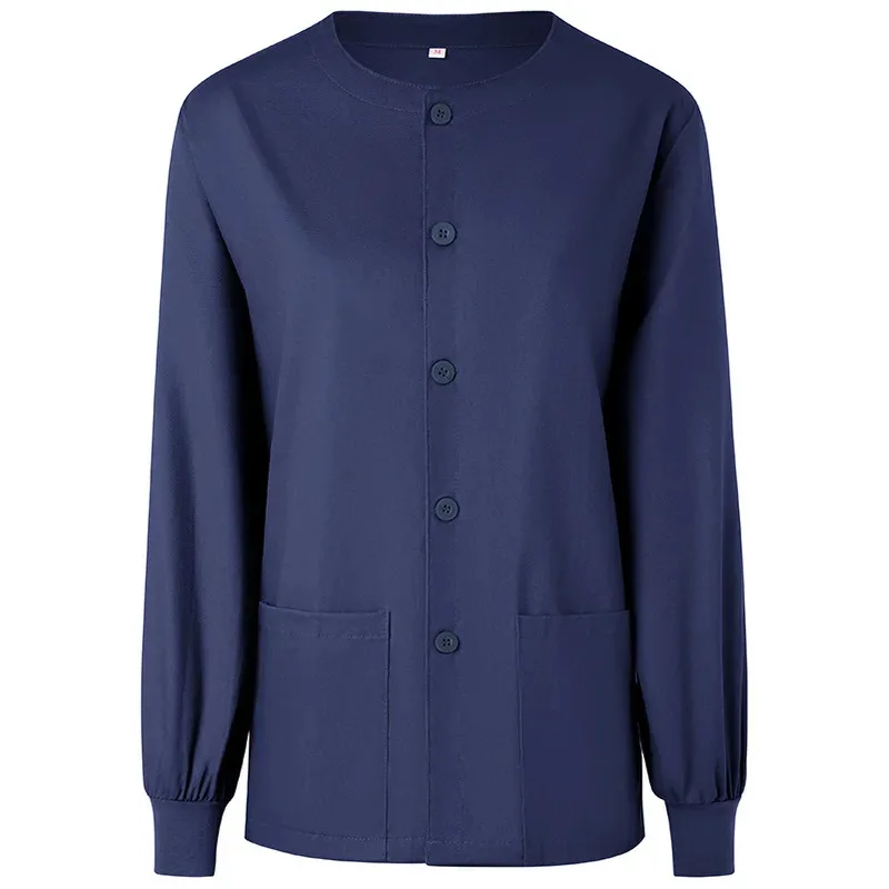 Az15 المرأة فرك سترة طويلة الأكمام الزي الطبي القمم تمتد زر الجبهة ممرضة معطف الأطباء الرعاية الصحية عمال Overa