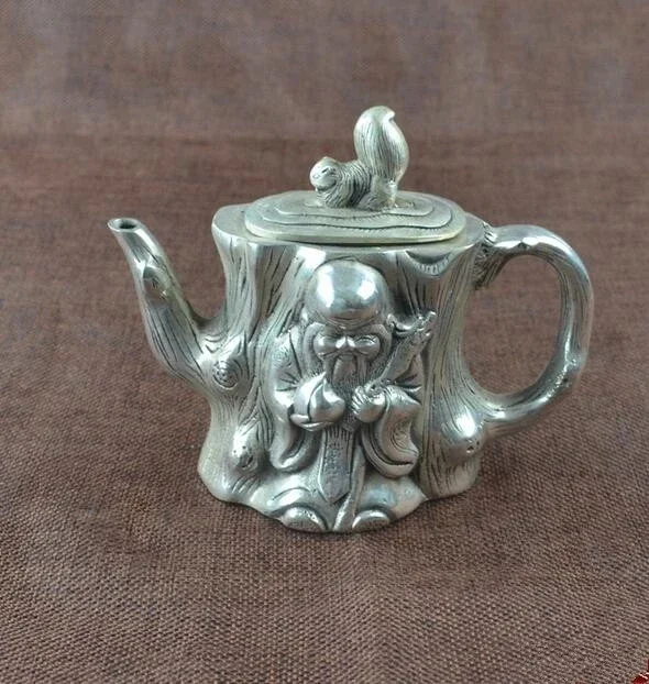 China Collection Archaize White Copper God of Longevity Squirrel The Teapot Crafts Statue