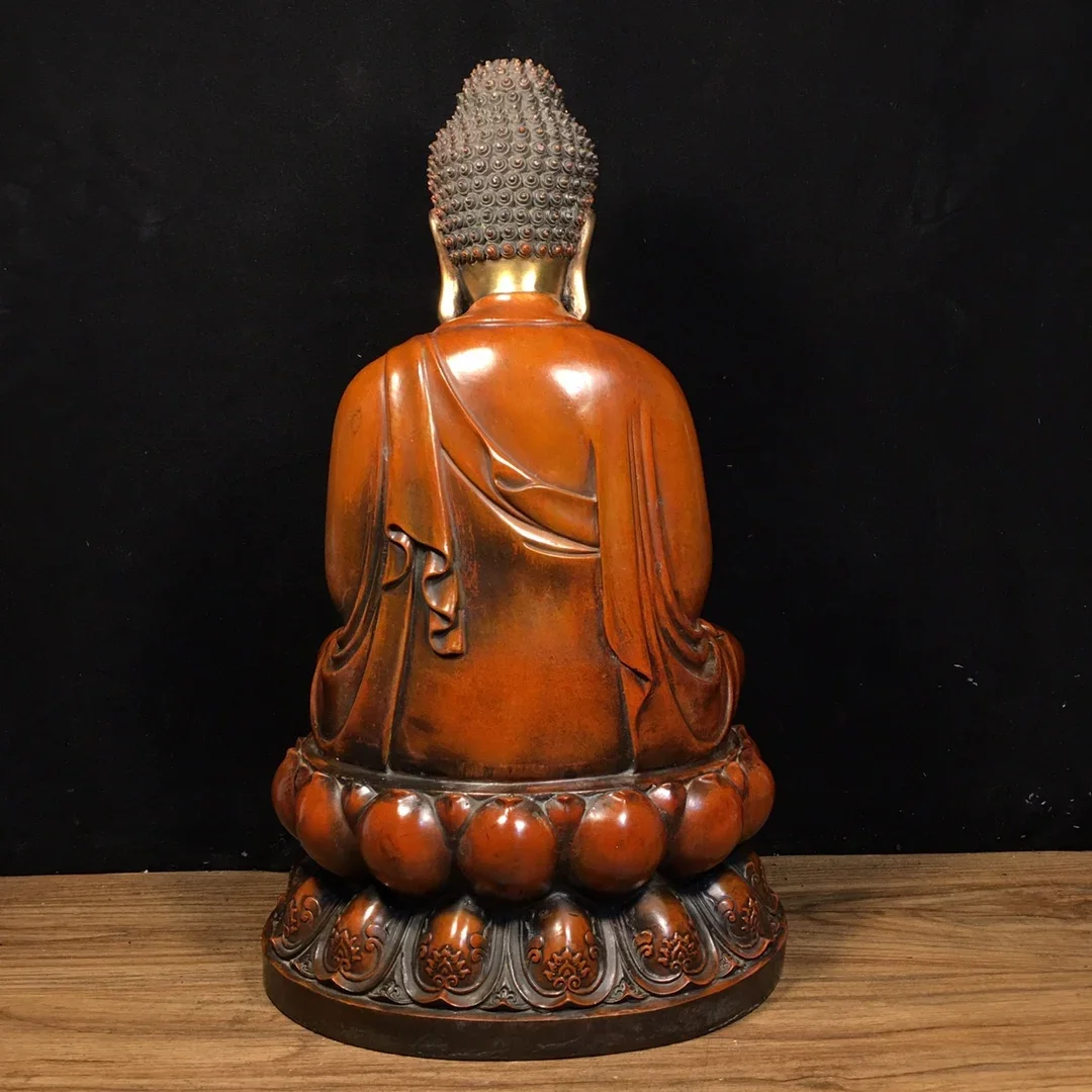 

16"Old Xizang Folk Collection Old Bronze Gilded True Gold Cinnabar Amitabha Buddha Shakyamuni Lotus Sitting Buddha Worship Hall