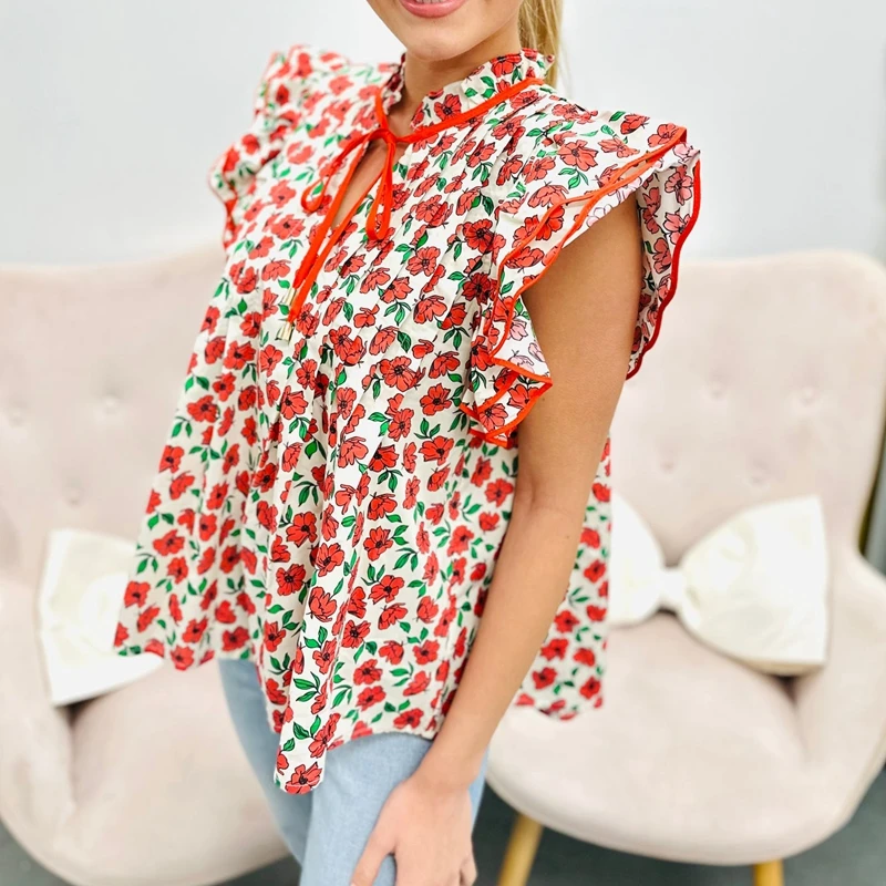 

Women Summer Chic Floral Print Bow Tied Ruffle V-Neck Shirts Layered Flare Short Sleeve Pleated Babydoll Blouses Top