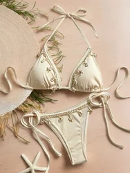 Bikini acanalado con decoración de concha para mujer, traje de baño femenino, conjunto de Bikini de dos piezas, bañador con tiras y cuello Halter, traje de baño para nadar para mujer