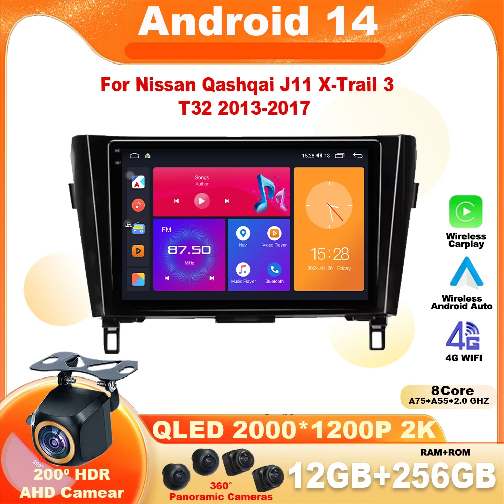 

Car Radio Carplay Android 14 For Nissan Qashqai J11 X-Trail 3 T32 2013-2017 Multimedia Video Player touch stereo Navigation GPS