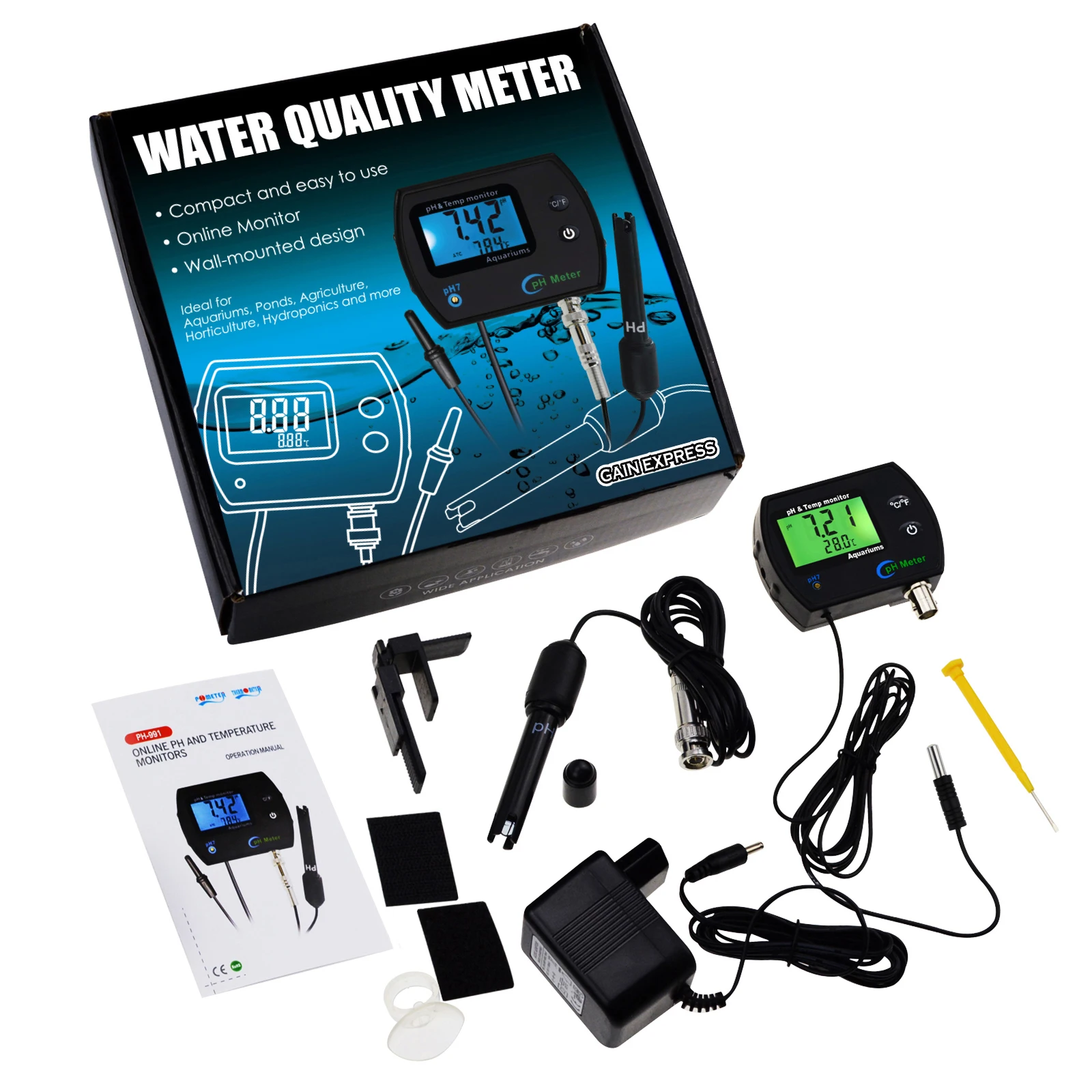 PH and Temperature Monitor 2-in-1 Dual Display with Manual Calibration & Replaceable Electrode for Pool, Aquarium, Spas, Lab