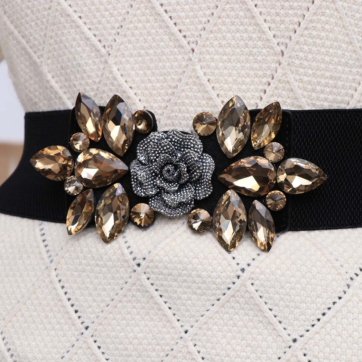 

Imitation Crystal Rose Waist Belt Elastic Cinch for Women Floral Dress Belts Adjustable Stylish Fashion Daily Occasion Gift
